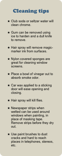 Cleaning tips
Club soda or seltzer water will clean chrome.
Gum can be removed using ice to harden and a dull knife to remove.
Hair spray will remove magic-marker ink from surfaces.
Nylon covered sponges are great for cleaning window screens.
Place a bowl of vinegar out to absorb smoke odor.
Car wax applied to a sticking door will ease opening and closing.
Hair spray will kill flies.
Newspaper strips when wetted can be used around windows when painting, in place of masking tape. Remove strips before they dry out.
Use paint brushes to dust cracks and hard to reach places in telephones, stereos, etc.